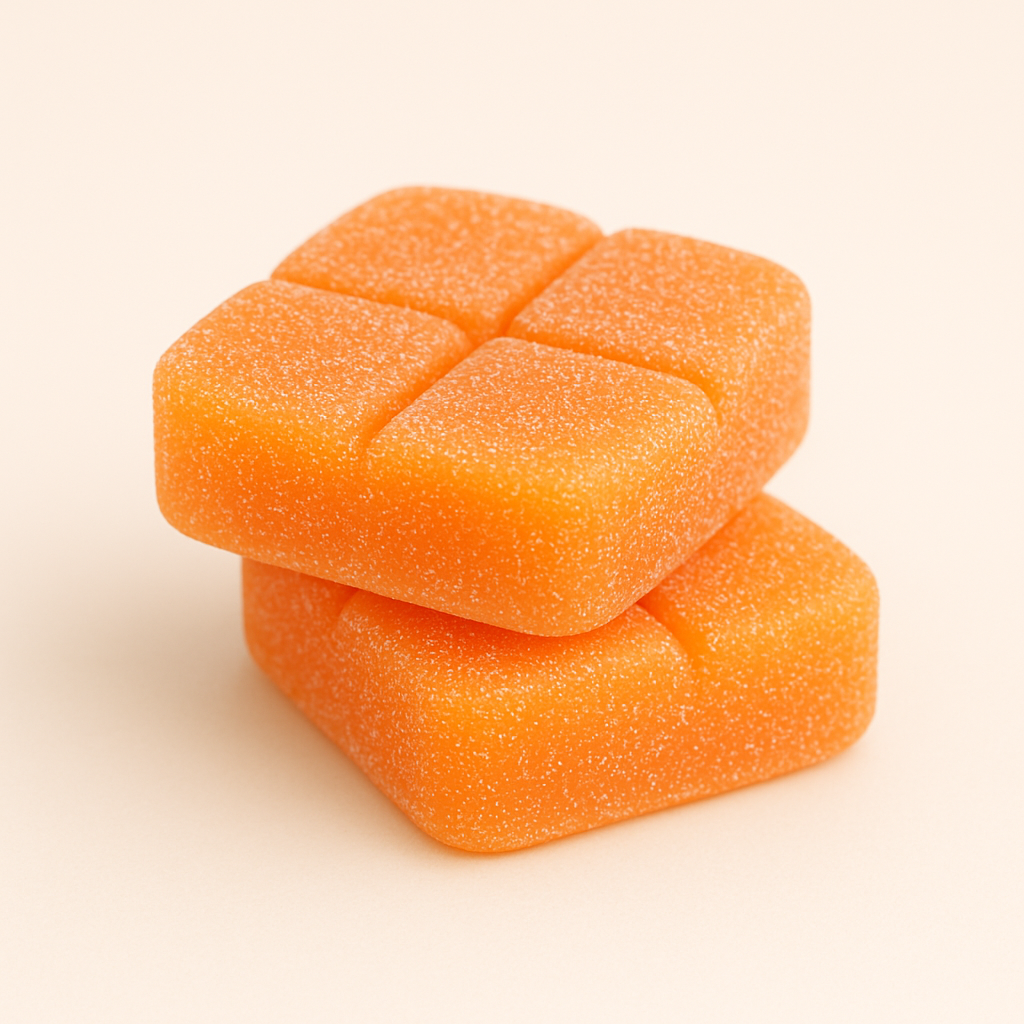 Frosty Hemp Co Orange Cream Delta 9 THC sativa gummies close up showing 25mg THC sugar-coated square gummies stacked on white background