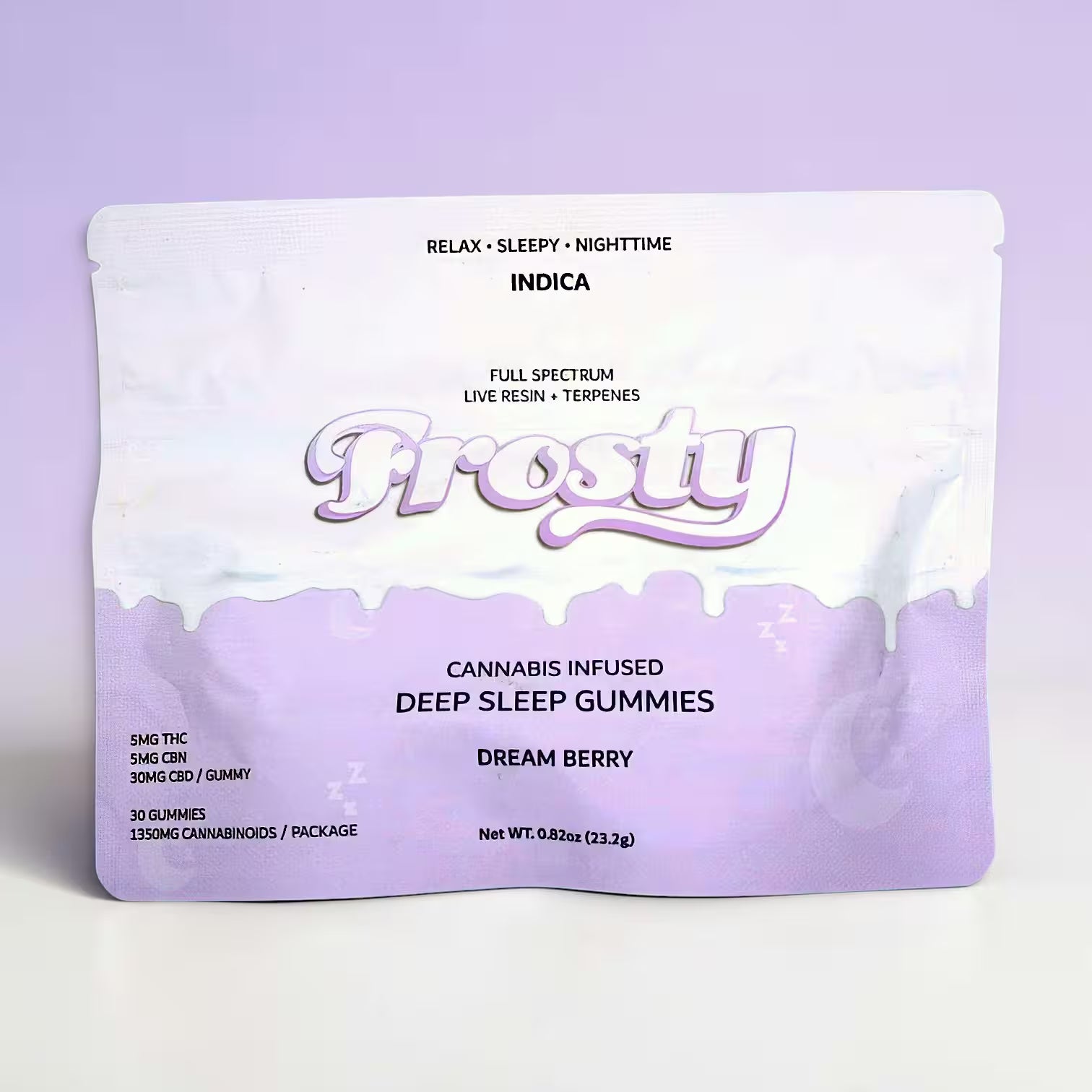 Frosty Hemp Co Deep Sleep Delta 9 THC Gummies – Dream Berry, Indica, Full Spectrum Live Resin, 1350mg, 5mg THC + 5mg CBN + 30mg CBD per gummy, 30-Count Pouch