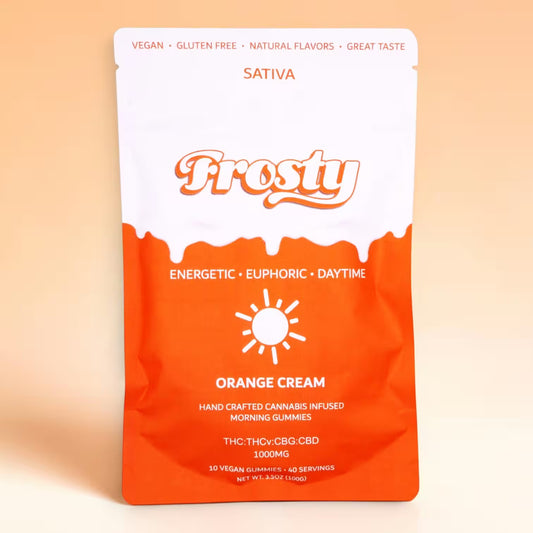 Frosty Hemp Co Day Time Delta 9 THC orange cream sativa gummies for daytime energy displayed on a peach background