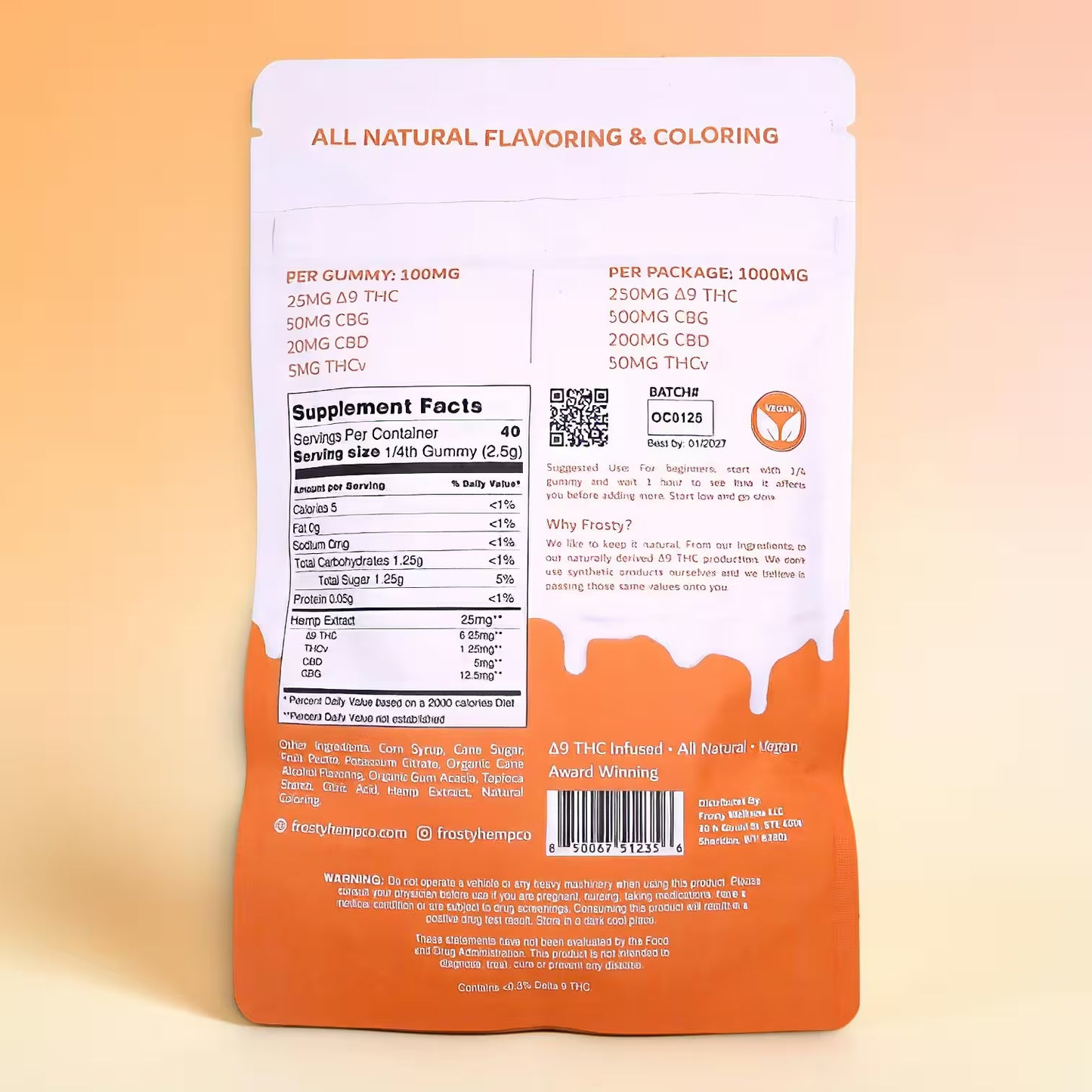 Frosty Hemp Co Day Time Delta 9 THC Orange Cream Sativa Gummies back of bag showing supplement facts, ingredients, and 1000mg total cannabinoids on orange background