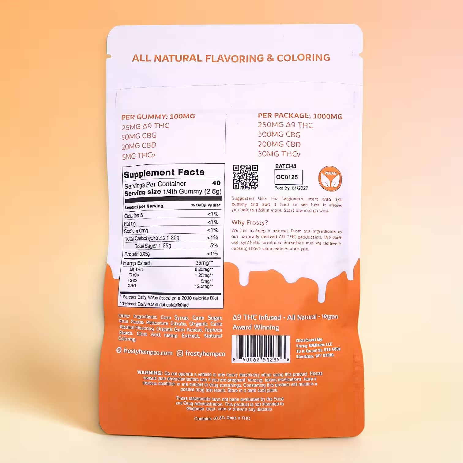 Frosty Hemp Co Day Time Delta 9 THC Orange Cream Sativa Gummies back of bag showing supplement facts, ingredients, and 1000mg total cannabinoids on orange background