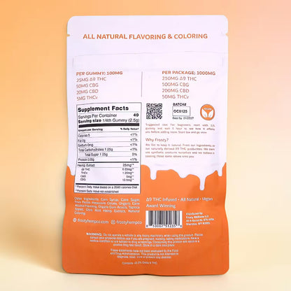 Frosty Hemp Co Day Time Delta 9 THC Orange Cream Sativa Gummies back of bag showing supplement facts, ingredients, and 1000mg total cannabinoids on orange background