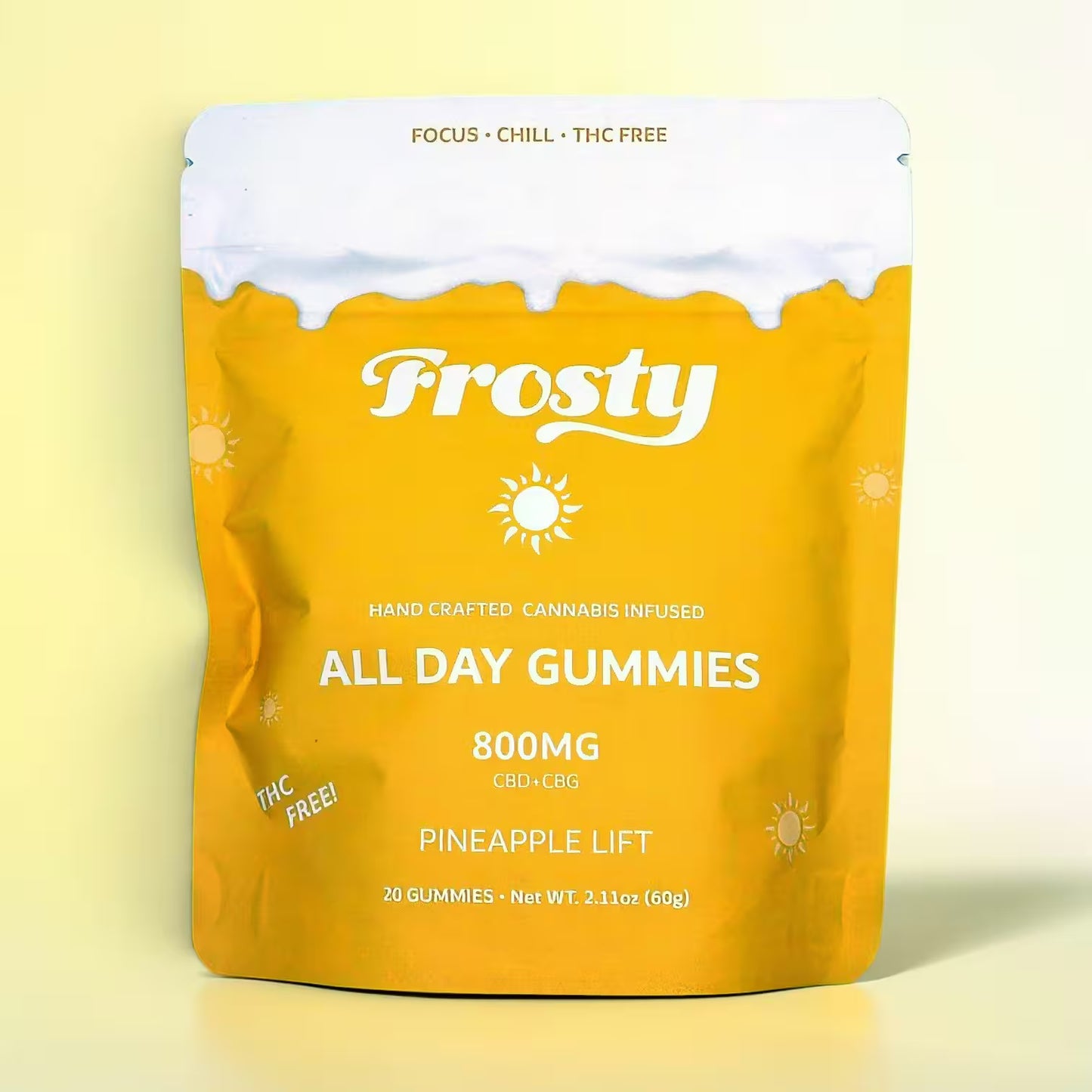 Frosty Hemp Co All Day Gummies – Pineapple Lift, 800mg CBD+CBG, THC Free, Focus Chill Formula, 20-Count Pouch