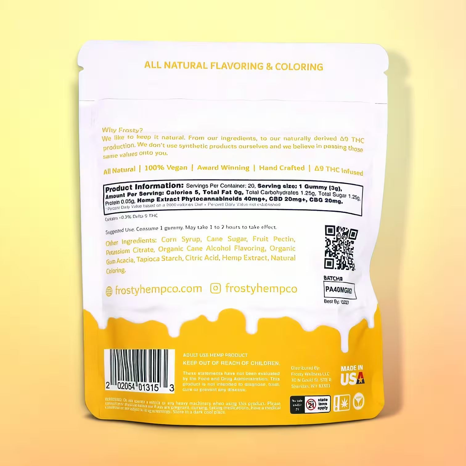 Frosty Hemp Co All Day CBD+CBG Gummies Pineapple Lift back label – all natural ingredients, nutrition facts, 40mg CBG + 20mg CBD per gummy, Made in USA