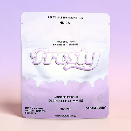 Frosty Hemp Co Deep Sleep Delta 9 THC Gummies – Dream Berry, Indica, Full Spectrum Live Resin, 360mg, 5mg THC + 6mg CBN + 30mg CBD per gummy, 8-Count Pouch