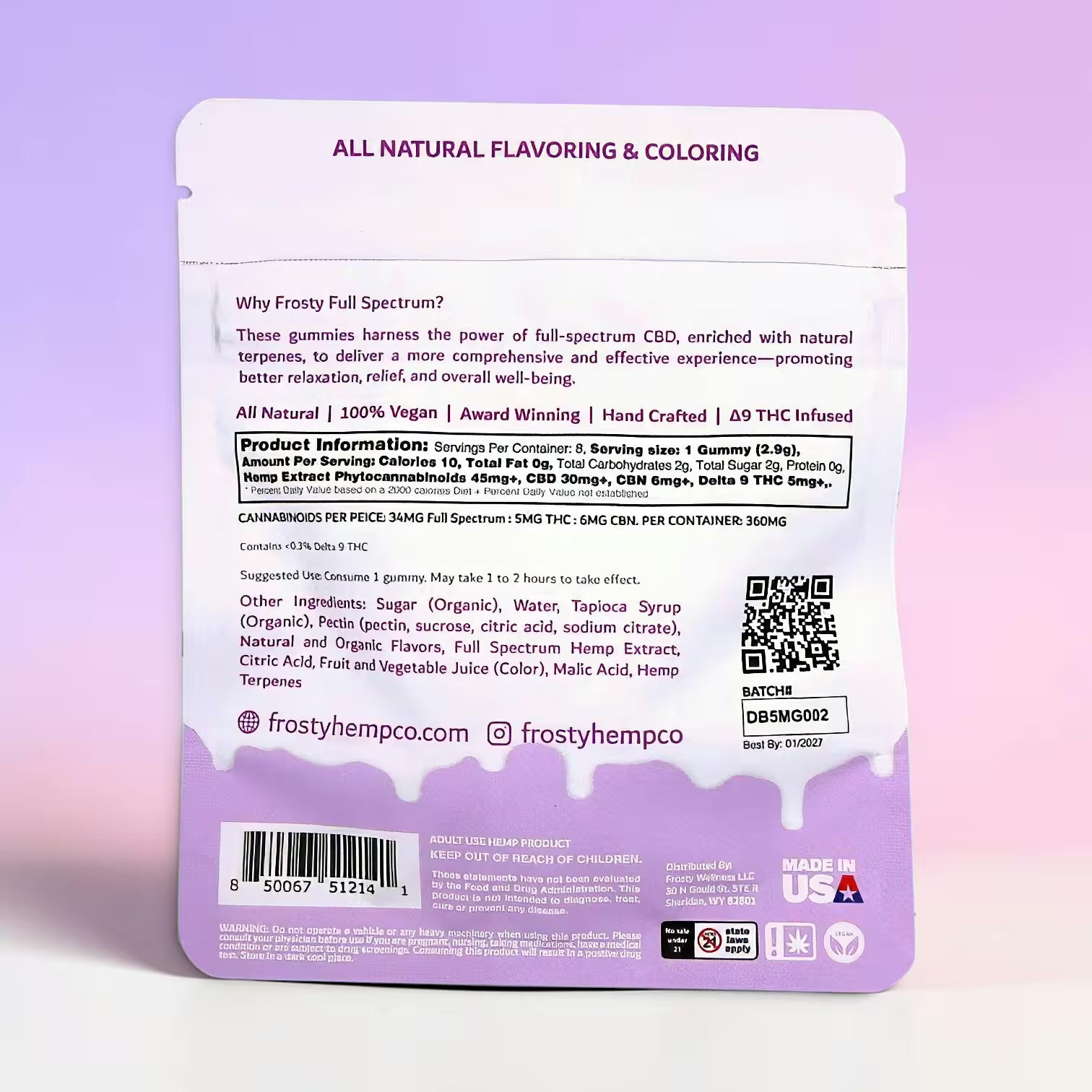 Frosty Hemp Co Deep Sleep Delta 9 THC Gummies Dream Berry back label – all natural ingredients, nutrition facts, 360mg cannabinoids, Made in USA
