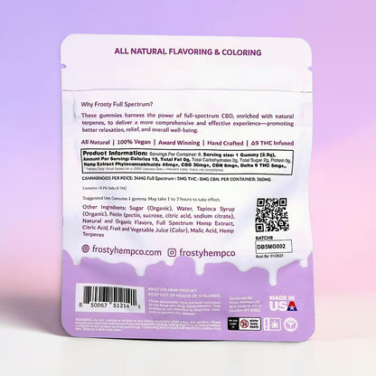 Frosty Hemp Co Deep Sleep Delta 9 THC Gummies Dream Berry back label – all natural ingredients, nutrition facts, 360mg cannabinoids, Made in USA