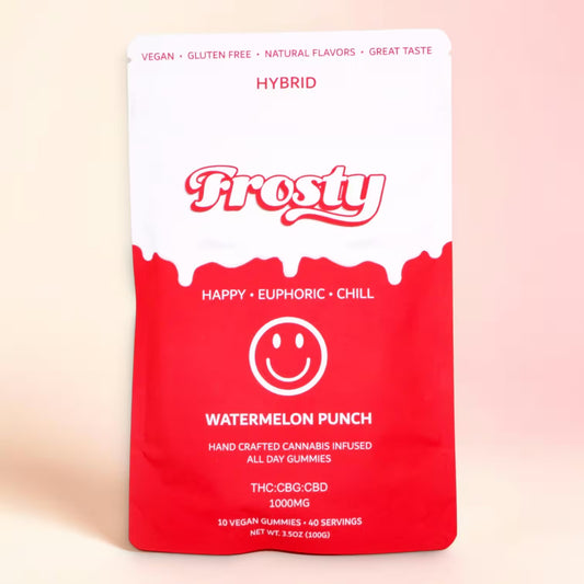 Frosty Hemp Co All Day Bliss Watermelon Punch Delta 9 THC Hybrid Gummies front of bag showing happy euphoric chill 1000mg cannabis infused all day gummies on pink background