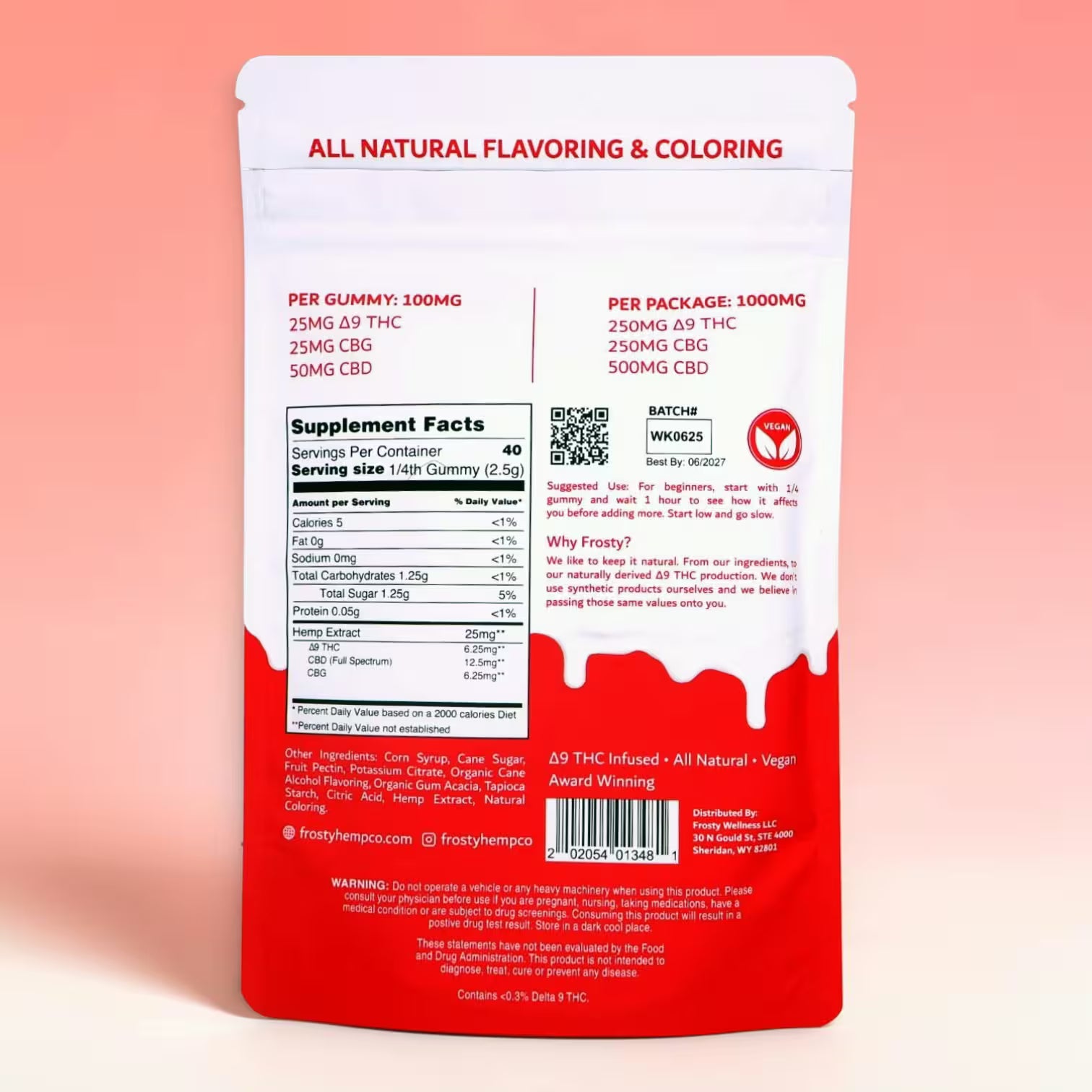 Frosty Hemp Co All Day Bliss Watermelon Punch Delta 9 THC Gummies back of bag showing supplement facts, ingredients, and 1000mg total cannabinoids on pink background