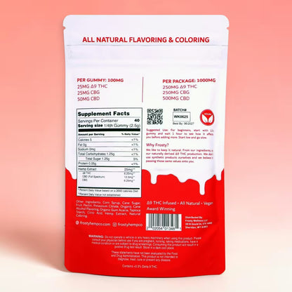 Frosty Hemp Co All Day Bliss Watermelon Punch Delta 9 THC Gummies back of bag showing supplement facts, ingredients, and 1000mg total cannabinoids on pink background