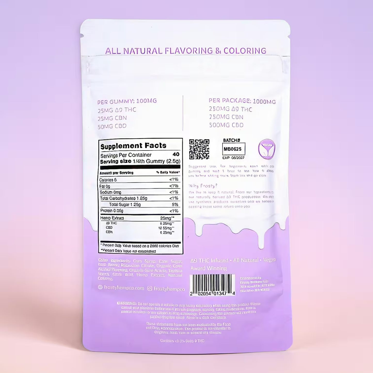 Frosty Hemp Co Deep Sleep Gummies Midnight Berry Kush back label – supplement facts, 1000mg per package, 25mg THC + 35mg CBN + 50mg CBD per gummy, Made in USA