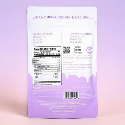 Frosty Hemp Co Deep Sleep Gummies Midnight Berry Kush back label – supplement facts, 1000mg per package, 25mg THC + 35mg CBN + 50mg CBD per gummy, Made in USA