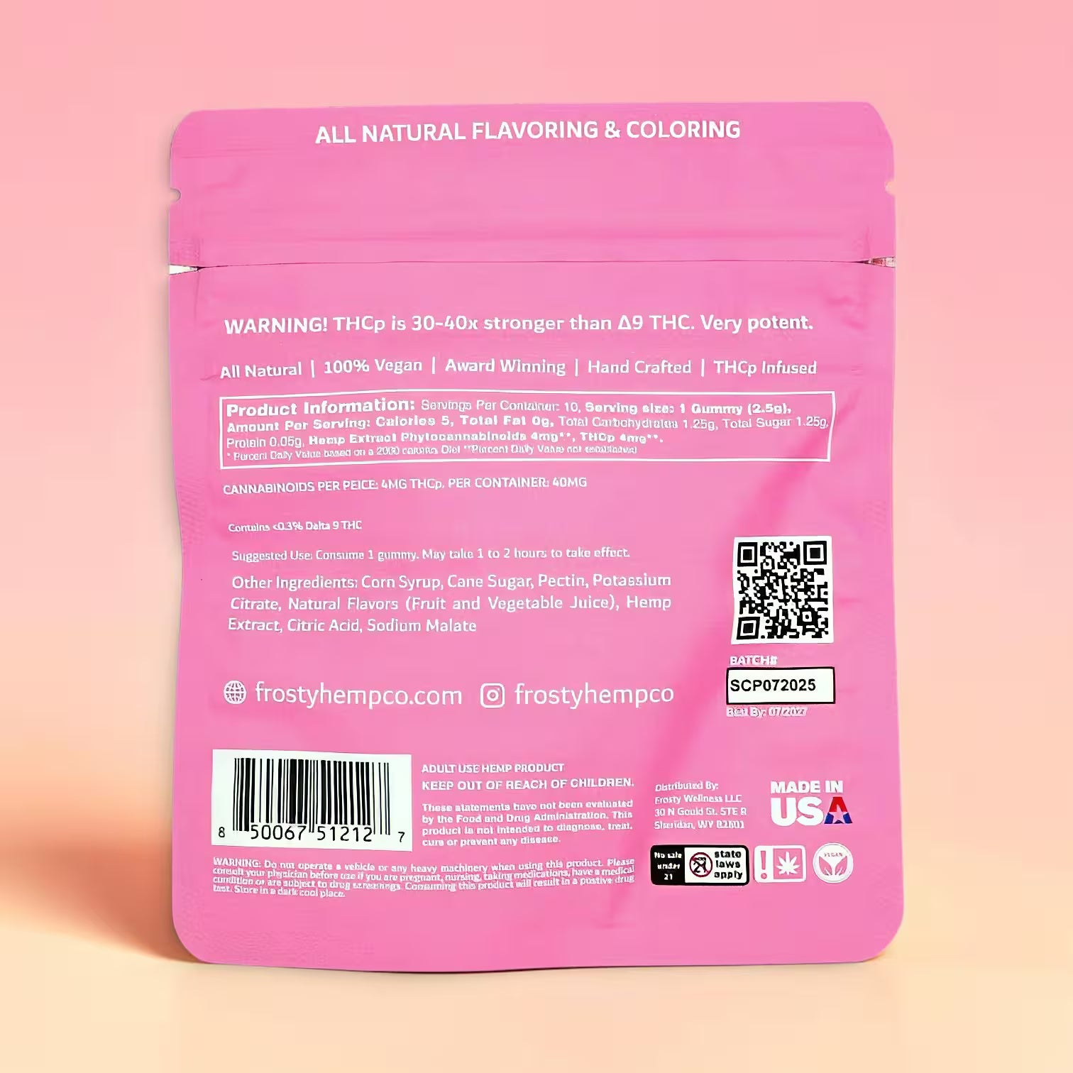 Frosty Hemp Co Maxx THCP Gummies Strawberries N' Cream back label – all natural ingredients, nutrition facts, THCp infused, Made in USA