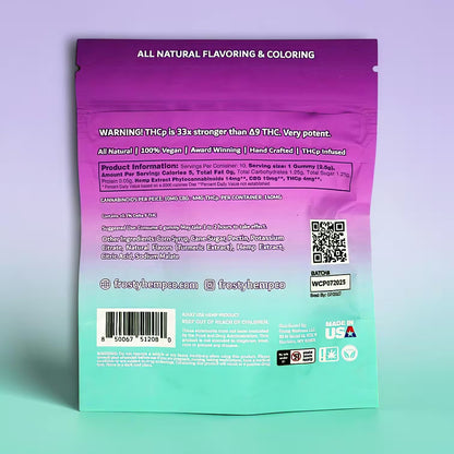 Frosty Hemp Co Maxx THCP Gummies Wedding Cake back label – all natural ingredients, nutrition facts, THCp infused, Made in USA