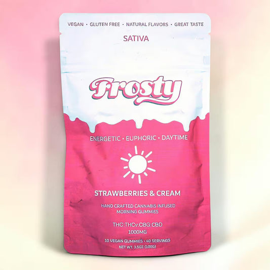 Frosty Hemp Co Morning Delta 9 THC Gummies – Strawberries & Cream, Sativa, 1000mg THC/THCv/CBG/CBD, 10-Count Vegan Gluten-Free Pouch