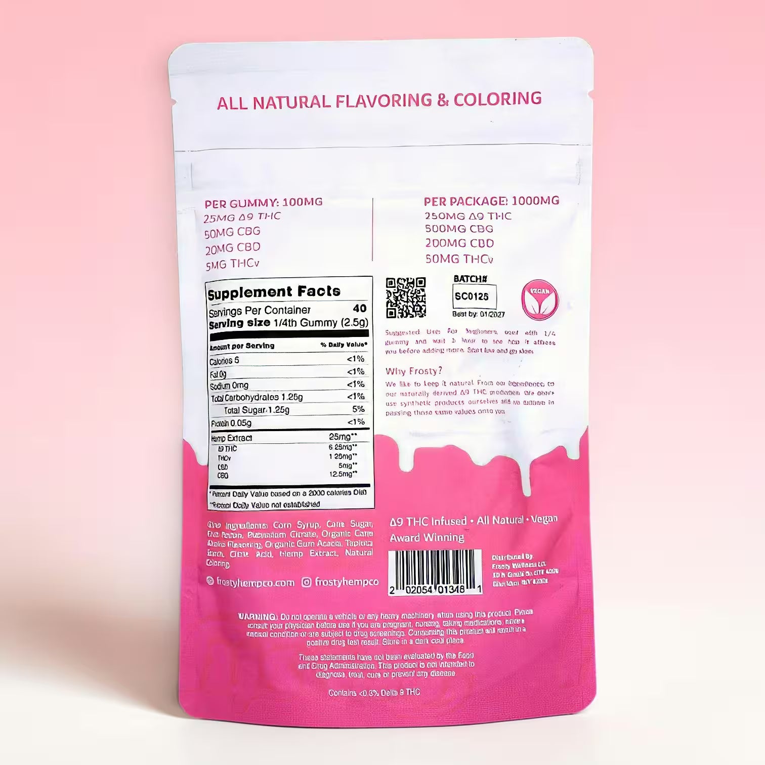 Frosty Hemp Co Morning Delta 9 THC Gummies Strawberries & Cream back label – supplement facts, 1000mg cannabinoids per package, all natural, Made in USA