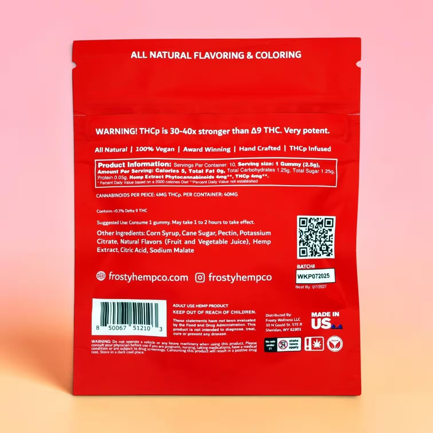 Frosty Hemp Co Maxx THCP Gummies back label – all natural ingredients, nutrition facts, 40mg THCp per container, THCp infused, Made in USA