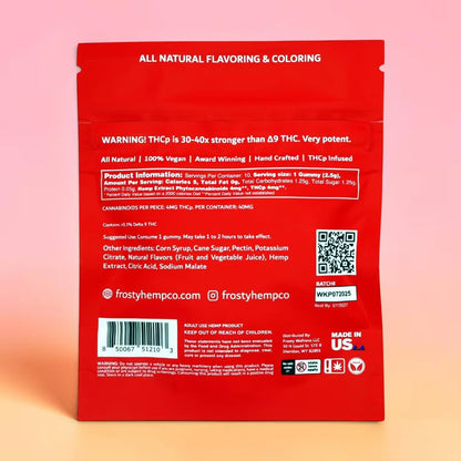 Frosty Hemp Co Maxx THCP Gummies back label – all natural ingredients, nutrition facts, 40mg THCp per container, THCp infused, Made in USA