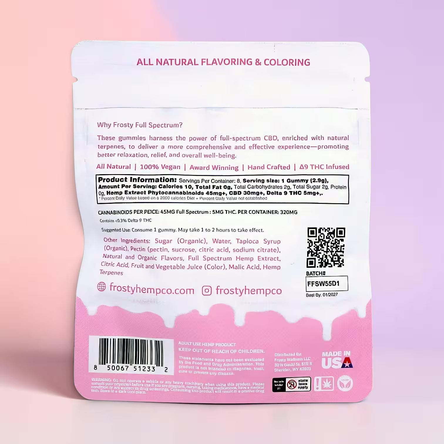 All Day Bliss Delta 9 THC Gummies back label - Strawberries and Cream, 8-count daytime gummies, full spectrum hemp, Frosty Hemp Co