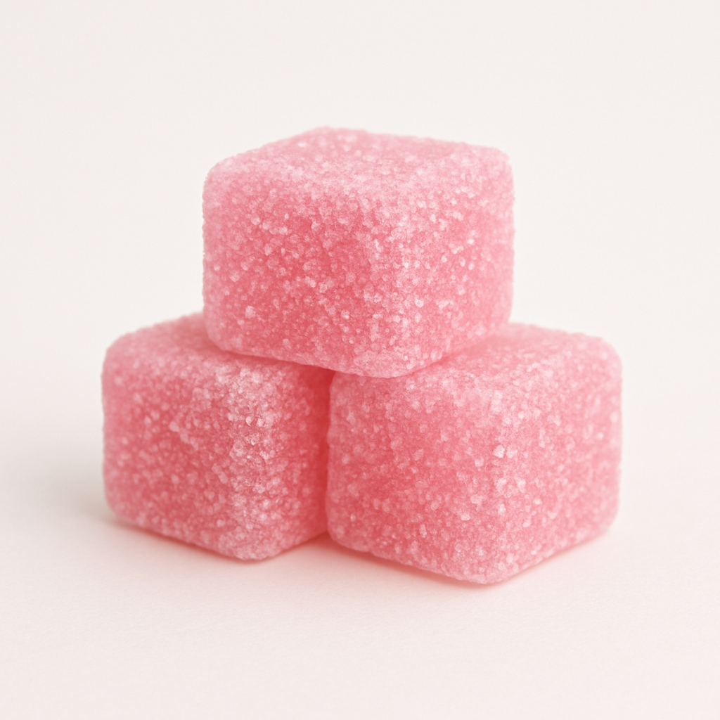 stacked strawberries and cream thc gummies, pink in color in a cube shape