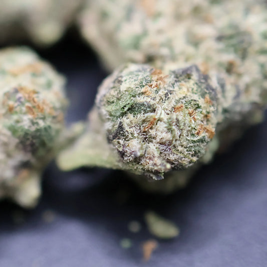 close up of high thca northern lights smalls flower showing crystals and hairs